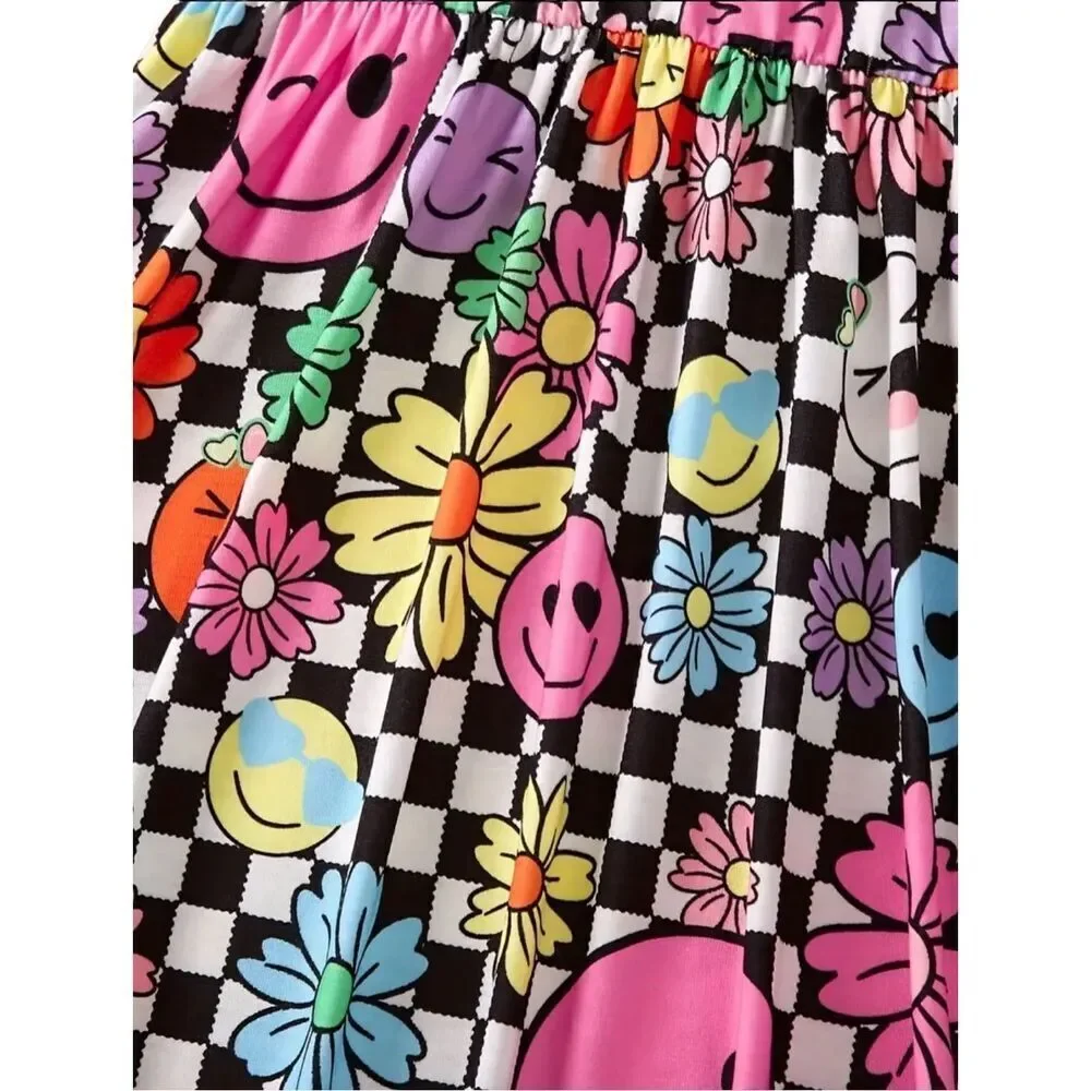 Girls Dress Checkered Smiley Face‎ Flower Print Short Sleeve Casual Party